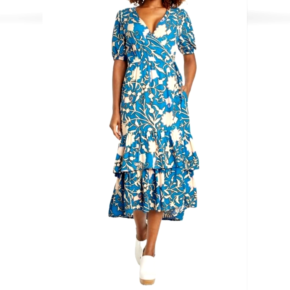 Knox Rose Blue and White Floral Short-Sleeved Ruffled Wrap Dress Size Small